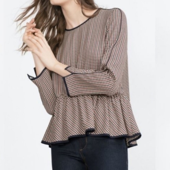 Zara Tops - Zara Houndstooth Peplum Lightweight Long Sleeve Blouse Size Medium